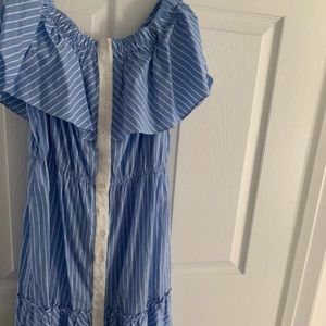 AQUA Pinstripe Off Shoulder Dress (Medium)